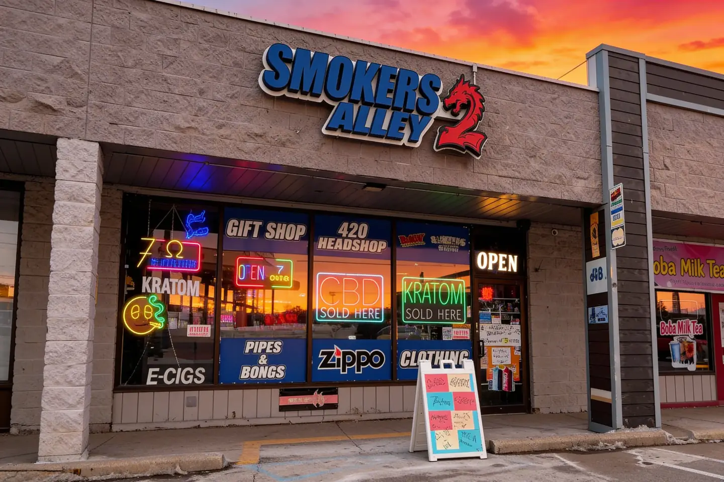 Smoker's Alley Gallery storefront at dusk in the Meijer plaza, 13 Mile at Little Mack