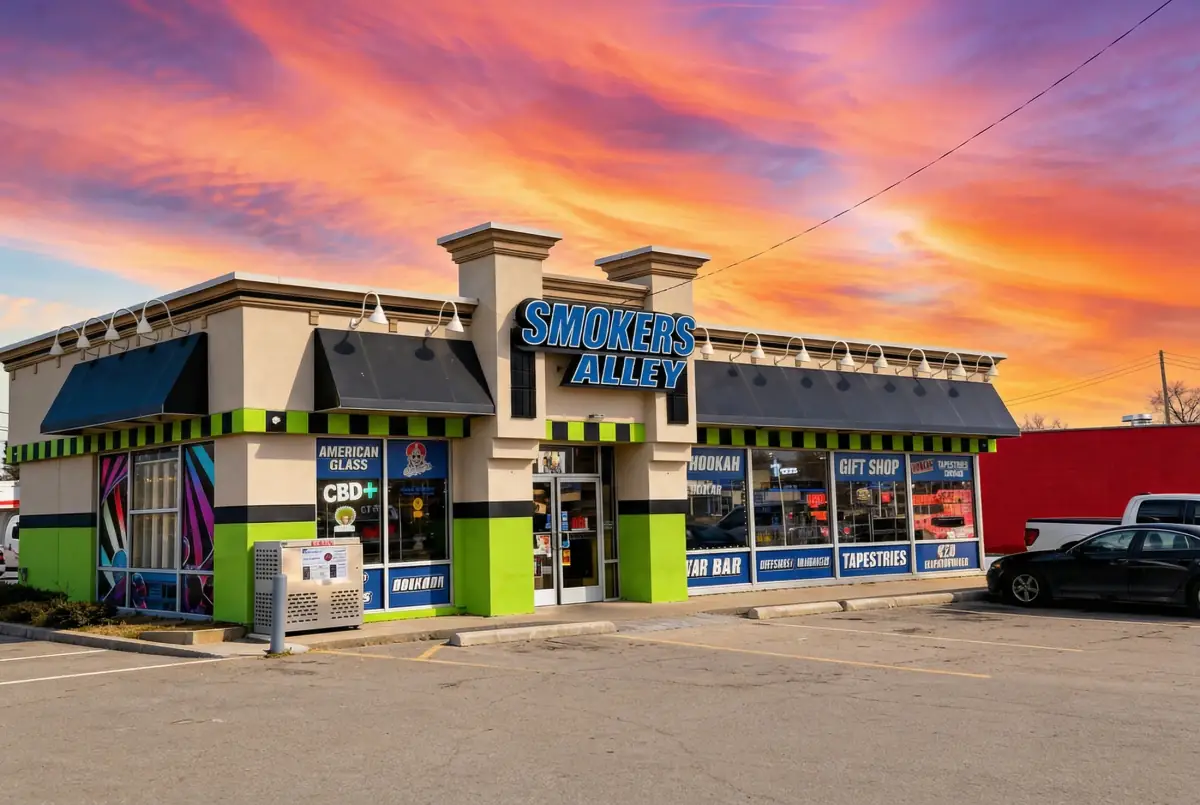 Smoker's Alley at 29035 Gratiot, the stand-alone building with green trim and its own lot