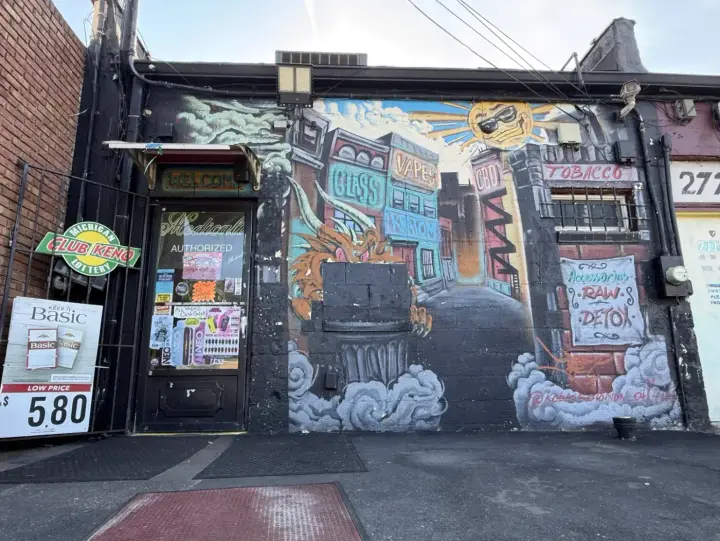 The painted alley mural with the Smoker's Alley dragon on the side of 27738 Gratiot
