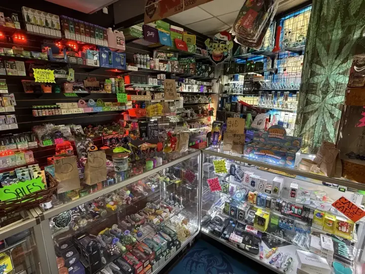 Counter displays across the shop floor at Smoker's Alley, Gratiot Ave, Roseville