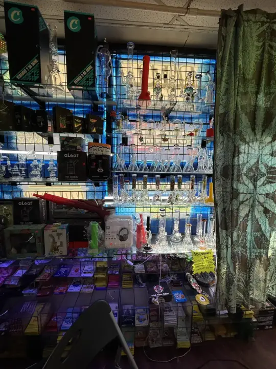 Glass bongs and water pipes along the display wall at Smoker's Alley, Gratiot Ave, Roseville
