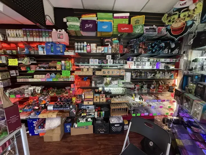 Wall of disposable vapes and devices sorted by brand at Smoker's Alley, 27738 Gratiot Ave, Roseville