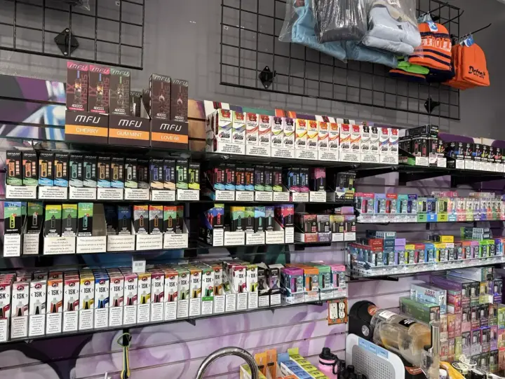 Wall of disposable vapes at Smokers Alley Headquarters on Gratiot Ave, Roseville, MI