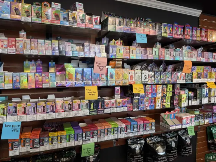Vape wall and kratom counter at Smokers Alley Headquarters, Gratiot Ave, Roseville