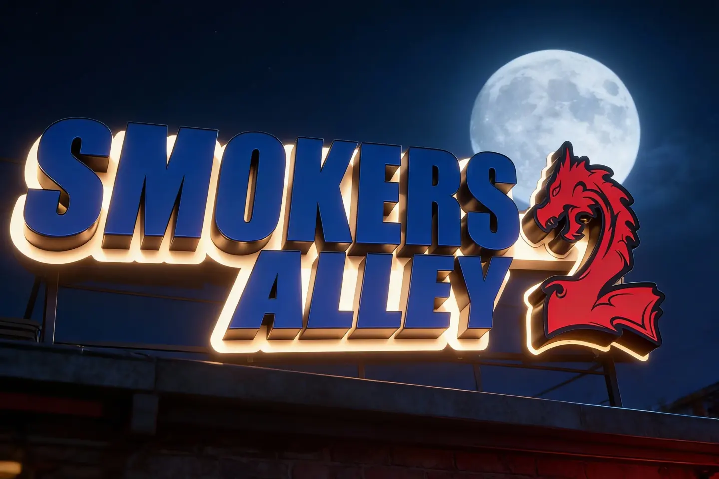 The lit Smokers Alley 2 sign at night under a full moon